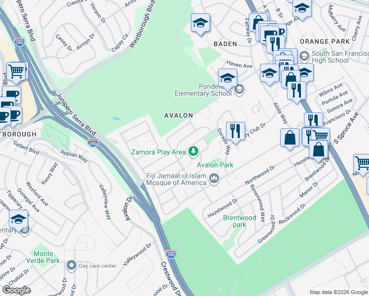 map of restaurants, bars, coffee shops, grocery stores, and more near 372 Avalon Drive in South San Francisco