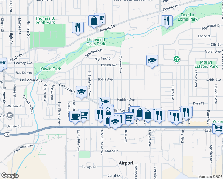 map of restaurants, bars, coffee shops, grocery stores, and more near 325 Rowland Avenue in Modesto