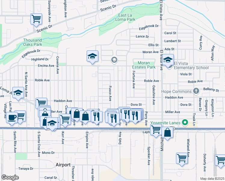 map of restaurants, bars, coffee shops, grocery stores, and more near 332 Fusco Avenue in Modesto
