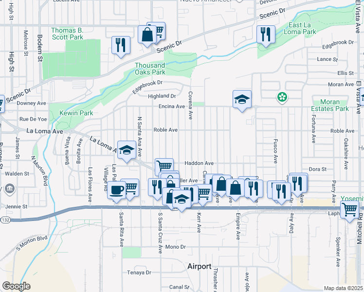 map of restaurants, bars, coffee shops, grocery stores, and more near 325 Rowland Avenue in Modesto