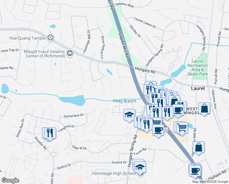 map of restaurants, bars, coffee shops, grocery stores, and more near 9524 Hagan Road in Glen Allen
