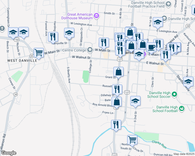 map of restaurants, bars, coffee shops, grocery stores, and more near 366 College Street in Danville