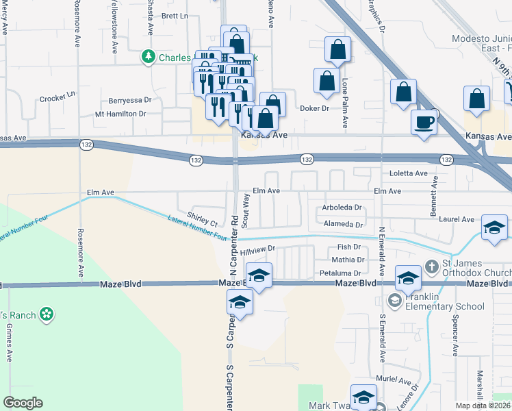 map of restaurants, bars, coffee shops, grocery stores, and more near 405 Boone Way in Modesto