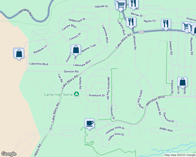 map of restaurants, bars, coffee shops, grocery stores, and more near 50 Monterey Pine Road in Mammoth Lakes
