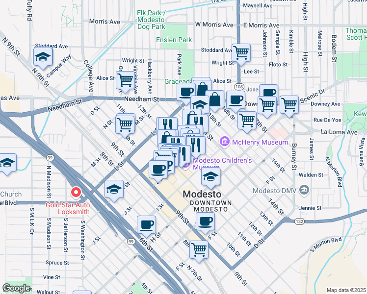 map of restaurants, bars, coffee shops, grocery stores, and more near 1016 12th Street in Modesto