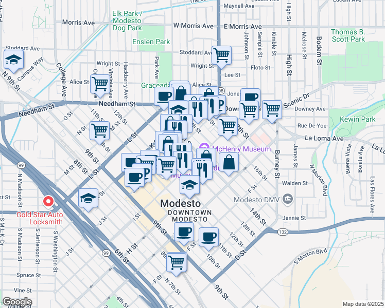 map of restaurants, bars, coffee shops, grocery stores, and more near 909 14th Street in Modesto
