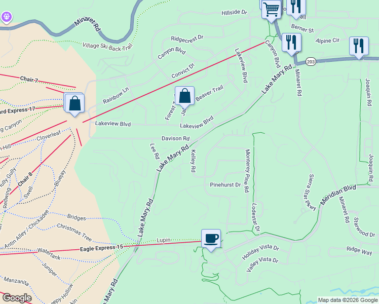 map of restaurants, bars, coffee shops, grocery stores, and more near 46 Kelley Road in Mammoth Lakes