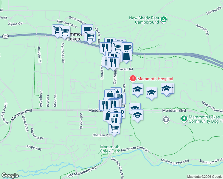 map of restaurants, bars, coffee shops, grocery stores, and more near 248 Old Mammoth Road in Mammoth Lakes