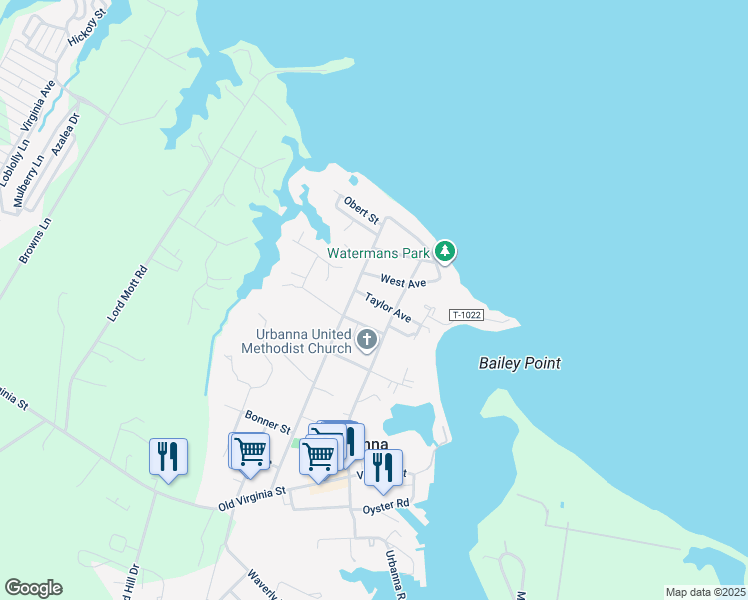 map of restaurants, bars, coffee shops, grocery stores, and more near 250 Taylor Avenue in Urbanna