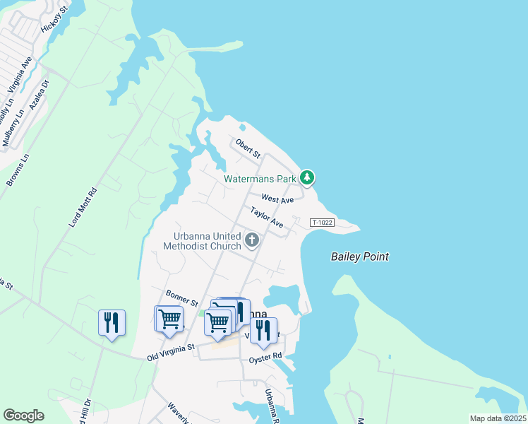 map of restaurants, bars, coffee shops, grocery stores, and more near 231 Taylor Avenue in Urbanna