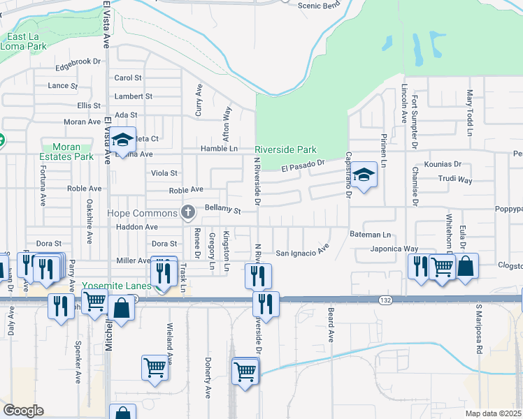map of restaurants, bars, coffee shops, grocery stores, and more near 2600 El Goya Dr in Modesto