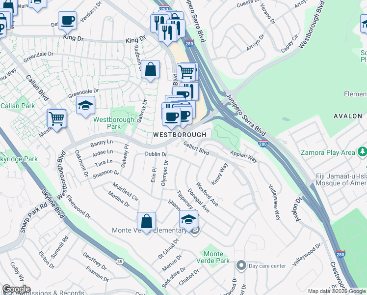 map of restaurants, bars, coffee shops, grocery stores, and more near 2214 Barrington Court in South San Francisco