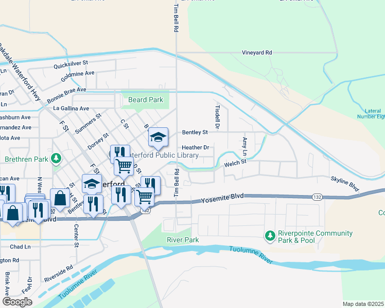 map of restaurants, bars, coffee shops, grocery stores, and more near 13067 Snowflower Drive in Waterford