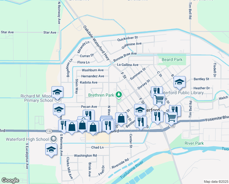 map of restaurants, bars, coffee shops, grocery stores, and more near 405 Church Street in Waterford