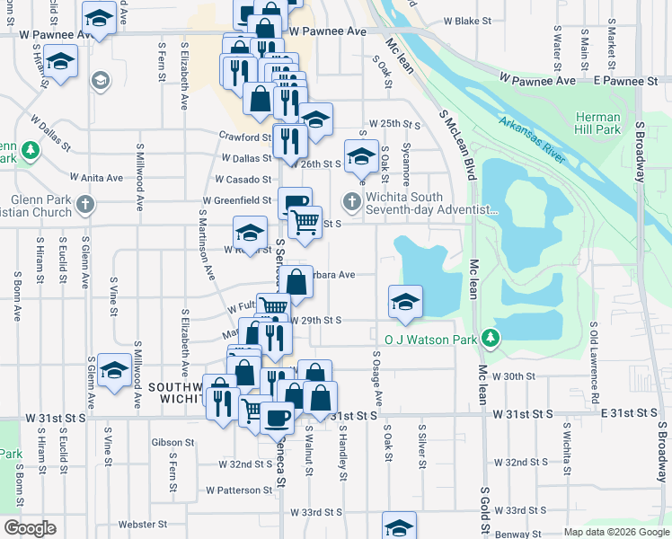 map of restaurants, bars, coffee shops, grocery stores, and more near 2858 S Walnut St in Wichita
