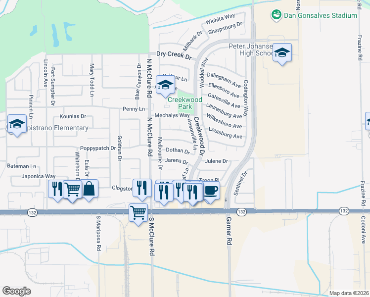 map of restaurants, bars, coffee shops, grocery stores, and more near 3617 Dothan Drive in Modesto