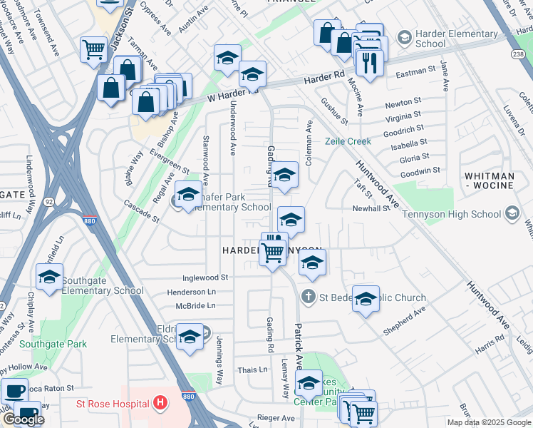 map of restaurants, bars, coffee shops, grocery stores, and more near 26447 Gading Road in Hayward