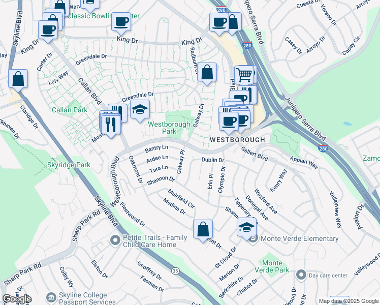 map of restaurants, bars, coffee shops, grocery stores, and more near 3144 Dublin Court in South San Francisco