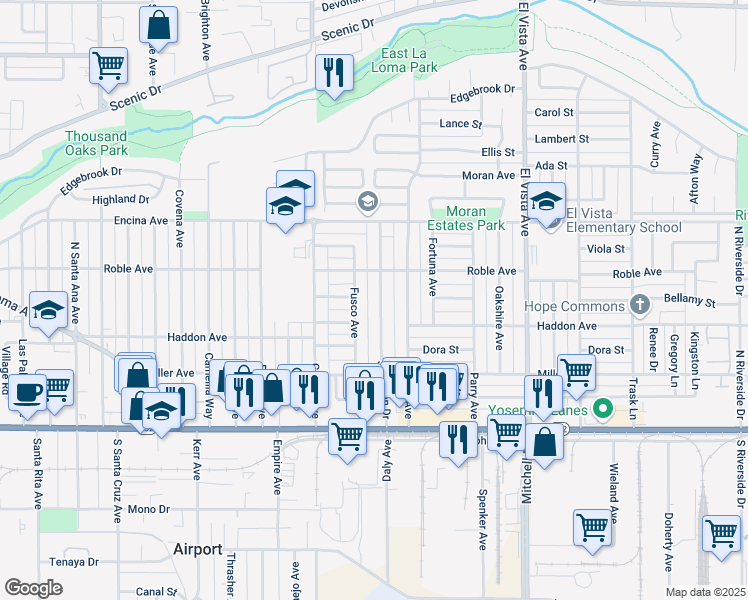 map of restaurants, bars, coffee shops, grocery stores, and more near 332 Fusco Avenue in Modesto