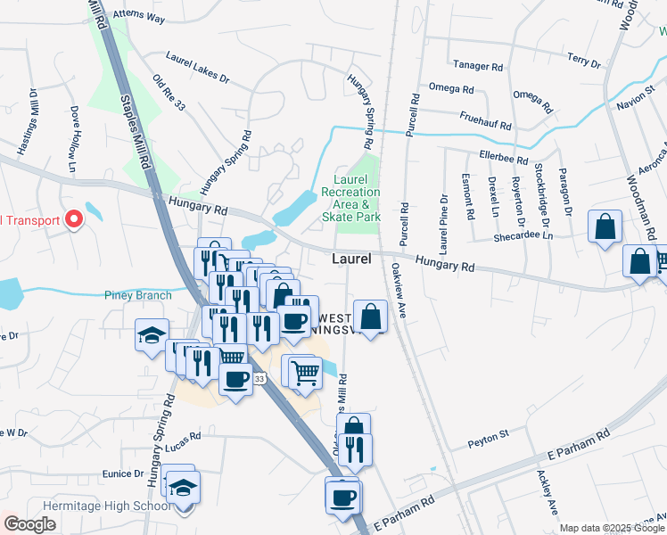 map of restaurants, bars, coffee shops, grocery stores, and more near 2908 Linden Street in Richmond