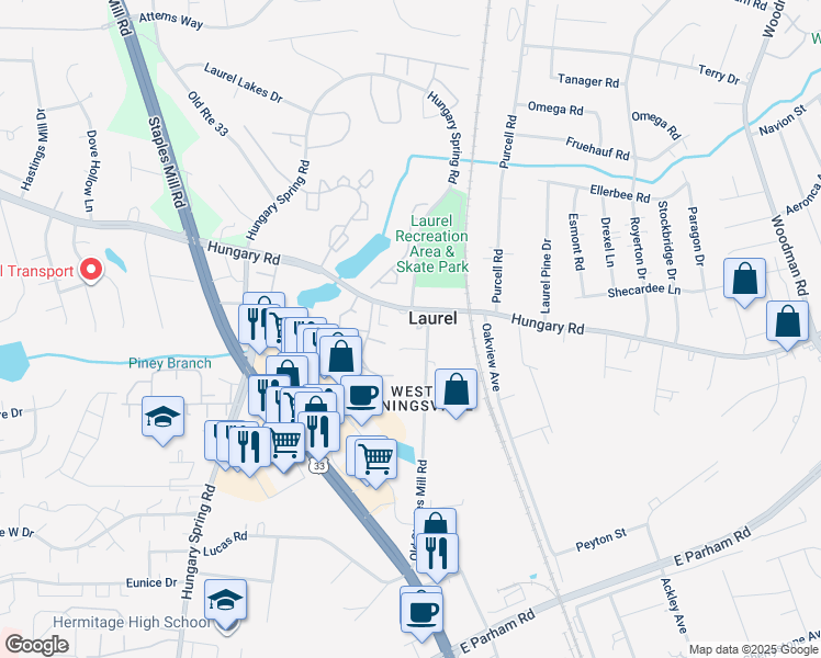 map of restaurants, bars, coffee shops, grocery stores, and more near 2908 Linden Street in Richmond