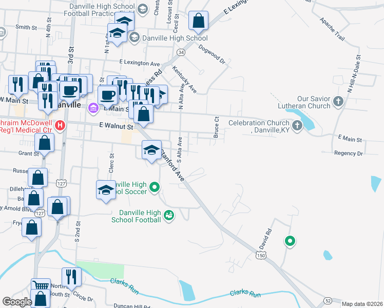 map of restaurants, bars, coffee shops, grocery stores, and more near 534 Adams Street in Danville