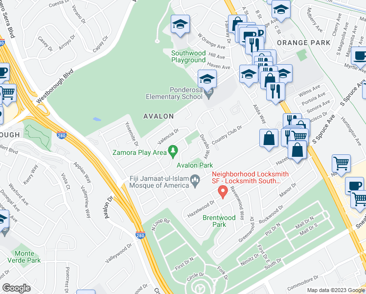 map of restaurants, bars, coffee shops, grocery stores, and more near 316 Granada Drive in South San Francisco