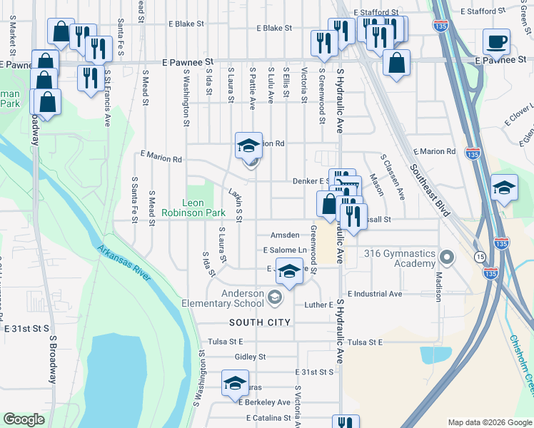 map of restaurants, bars, coffee shops, grocery stores, and more near 2753 South Lulu Street in Wichita