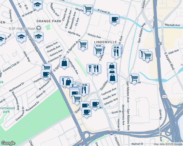 map of restaurants, bars, coffee shops, grocery stores, and more near 306 S Maple Ave in South San Francisco