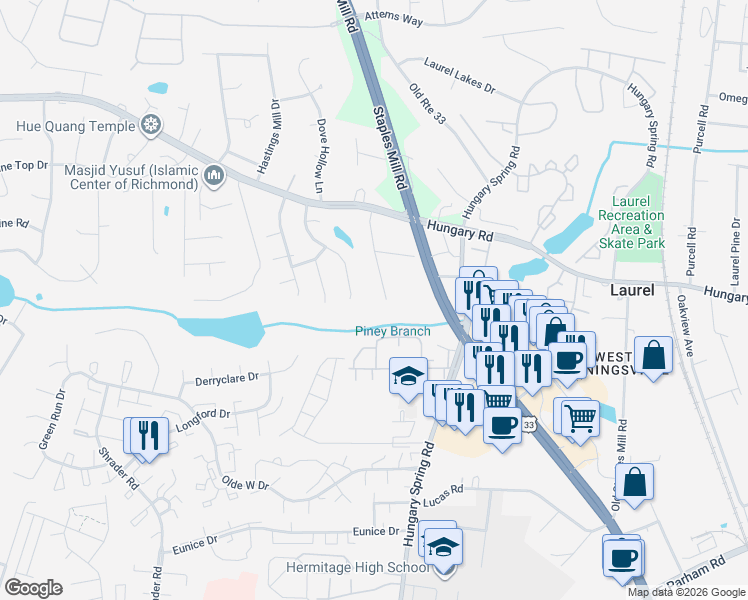 map of restaurants, bars, coffee shops, grocery stores, and more near 9524 Hagan Road in Glen Allen