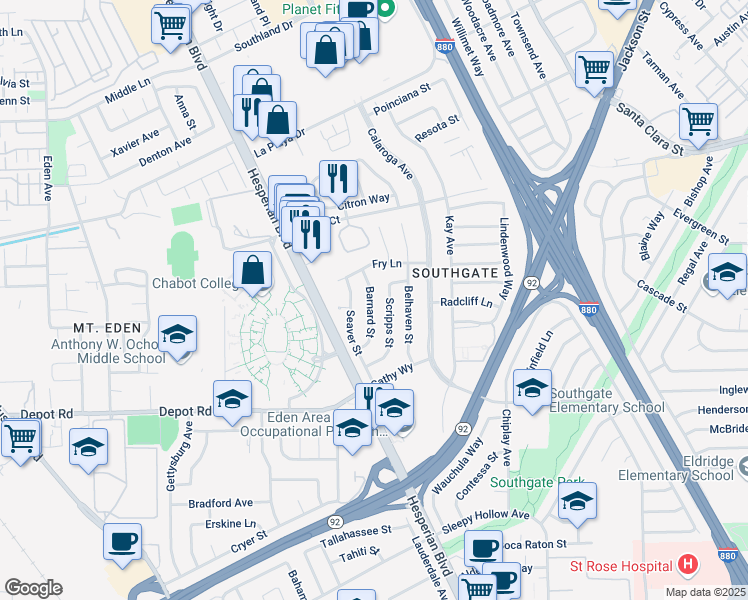 map of restaurants, bars, coffee shops, grocery stores, and more near 25588 Barnard Street in Hayward