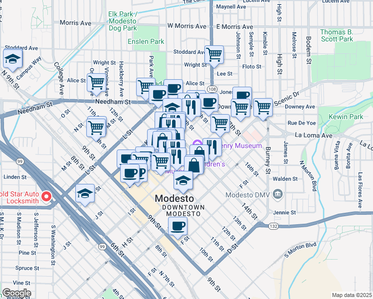 map of restaurants, bars, coffee shops, grocery stores, and more near 909 14th Street in Modesto