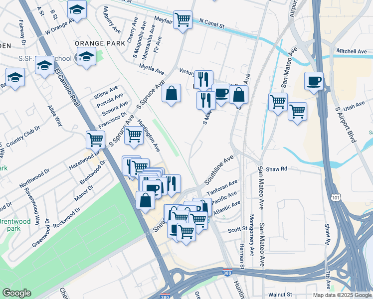 map of restaurants, bars, coffee shops, grocery stores, and more near 306 S Maple Ave in South San Francisco