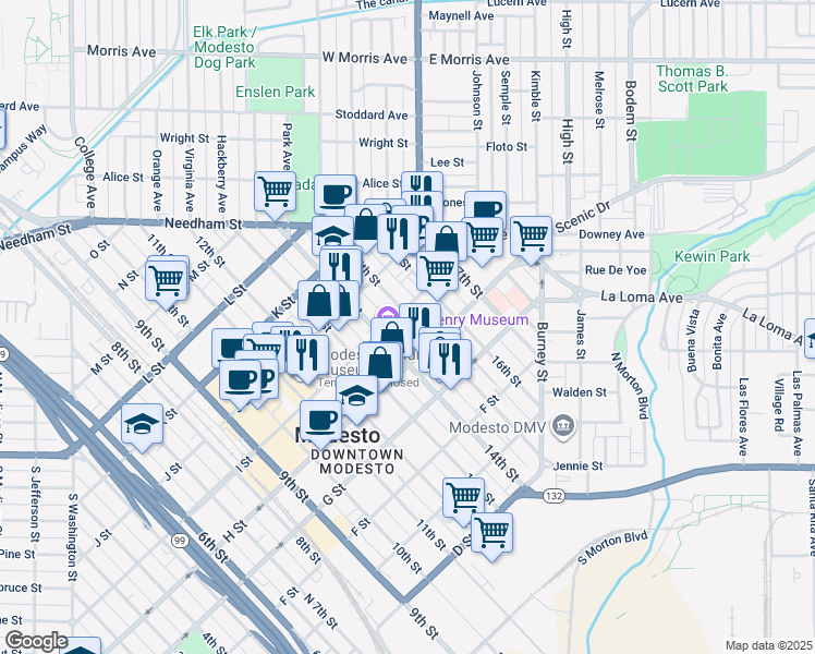 map of restaurants, bars, coffee shops, grocery stores, and more near 823 15th Street in Modesto