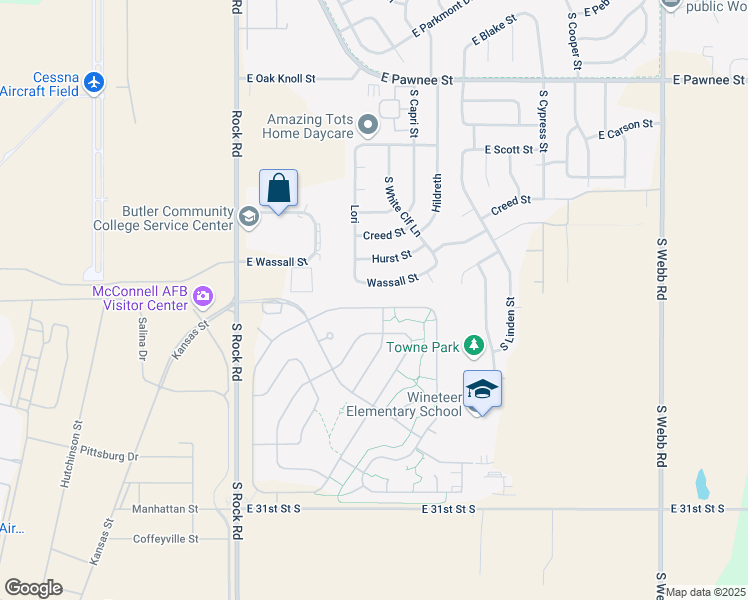 map of restaurants, bars, coffee shops, grocery stores, and more near 8428 Travis Drive in Wichita