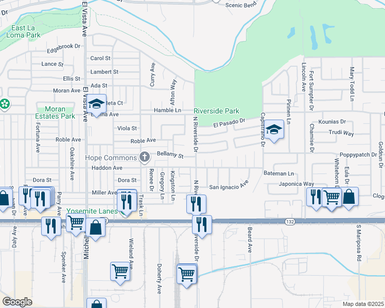 map of restaurants, bars, coffee shops, grocery stores, and more near 2600 El Goya Drive in Modesto