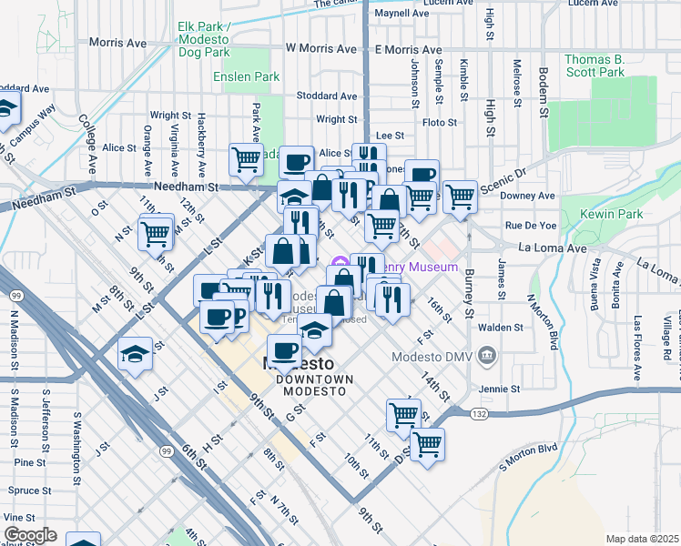 map of restaurants, bars, coffee shops, grocery stores, and more near 823 15th Street in Modesto