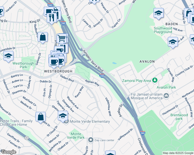 map of restaurants, bars, coffee shops, grocery stores, and more near 47 Appian Way in South San Francisco