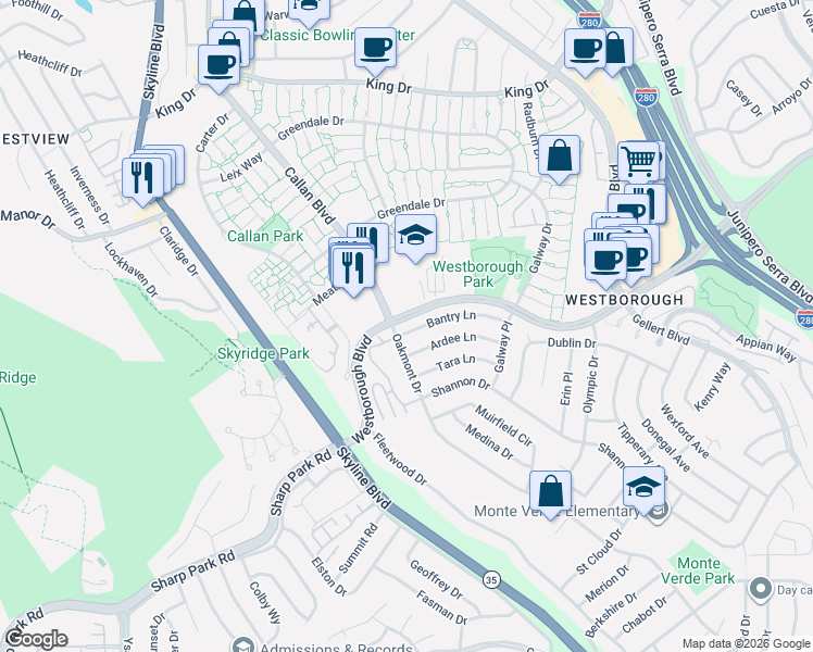 map of restaurants, bars, coffee shops, grocery stores, and more near in South San Francisco