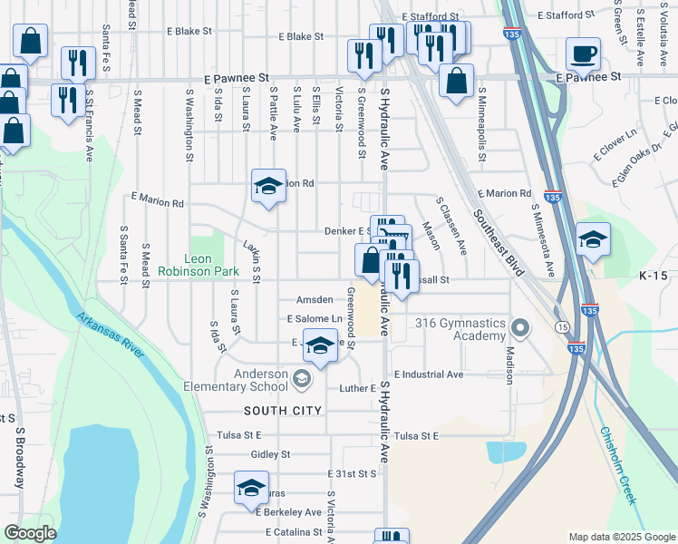 map of restaurants, bars, coffee shops, grocery stores, and more near 1422 East Wassall Street in Wichita