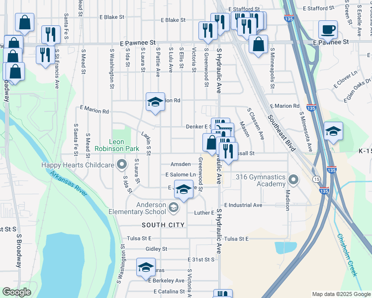 map of restaurants, bars, coffee shops, grocery stores, and more near 1422 East Wassall Street in Wichita