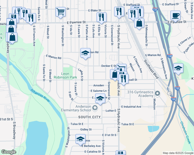 map of restaurants, bars, coffee shops, grocery stores, and more near 1422 East Wassall Street in Wichita