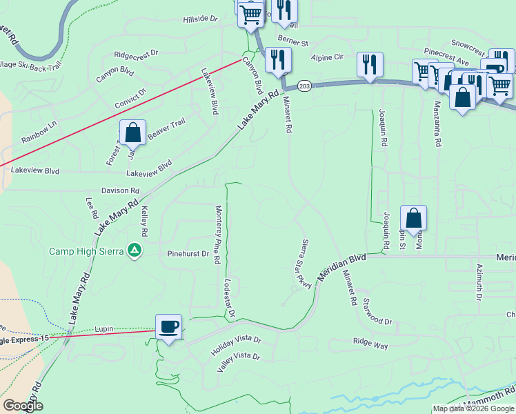map of restaurants, bars, coffee shops, grocery stores, and more near 2031 West Bear Lake Drive in Mammoth Lakes