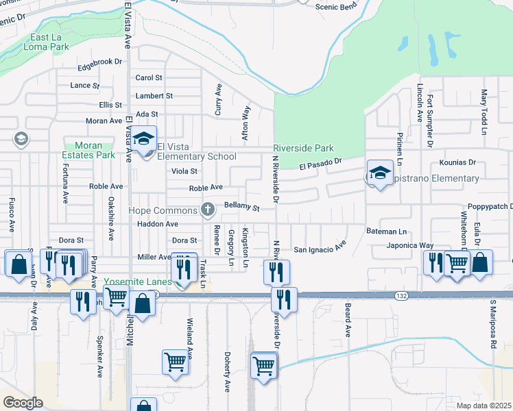 map of restaurants, bars, coffee shops, grocery stores, and more near 2517 Bellamy Street in Modesto