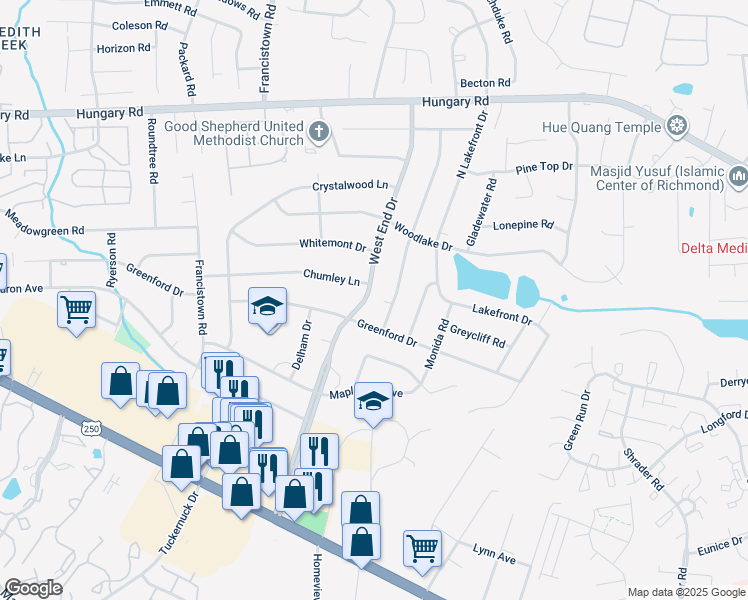 map of restaurants, bars, coffee shops, grocery stores, and more near 3907 West End Drive in Richmond