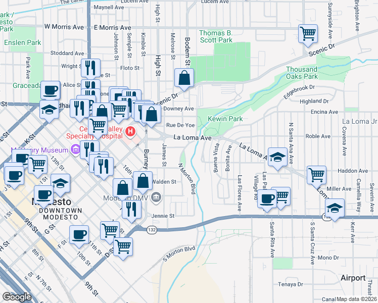 map of restaurants, bars, coffee shops, grocery stores, and more near 318 Brook Way in Modesto