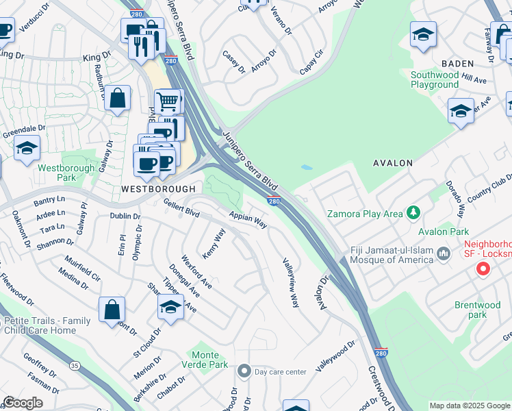 map of restaurants, bars, coffee shops, grocery stores, and more near 47 Appian Way in South San Francisco