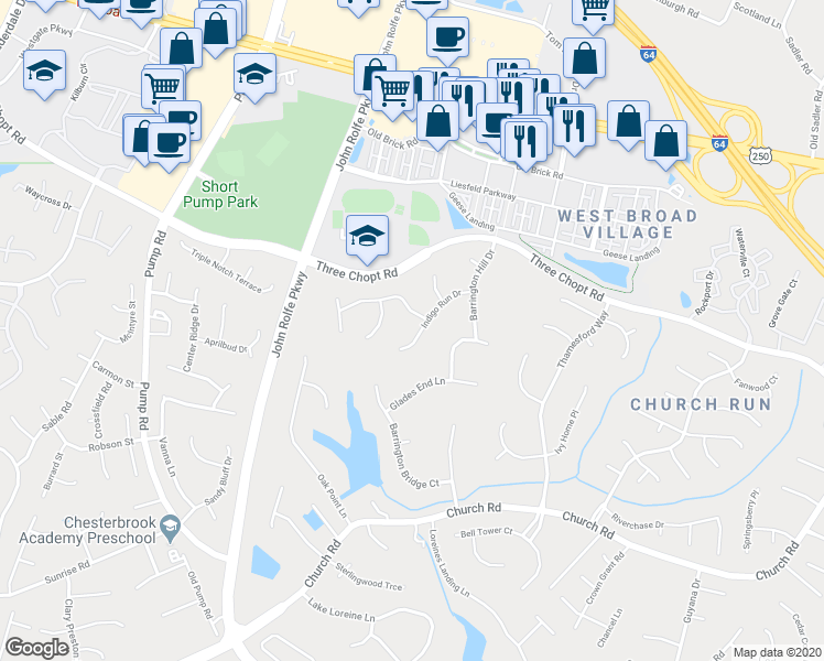 map of restaurants, bars, coffee shops, grocery stores, and more near 3816 Indigo Run Drive in Richmond