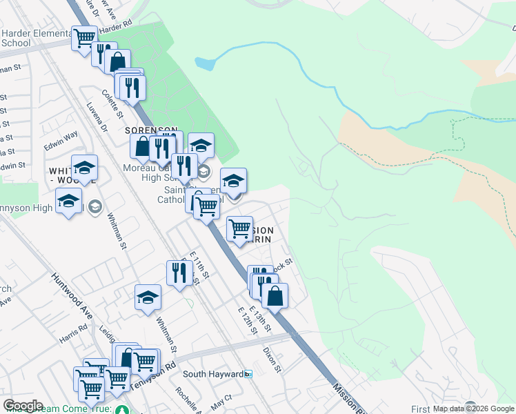 map of restaurants, bars, coffee shops, grocery stores, and more near 888 Kellogg Avenue in Hayward
