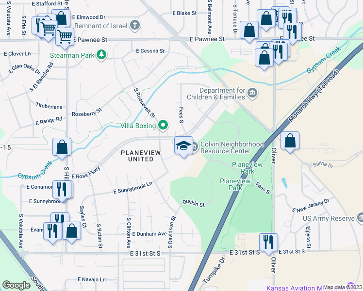map of restaurants, bars, coffee shops, grocery stores, and more near 3925 East Ross Parkway in Wichita